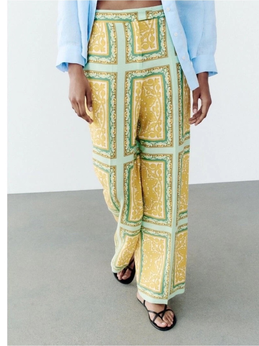 Zara Yellow & Mint Baroque Print Linen Blend Wide Leg Trousers Size Small